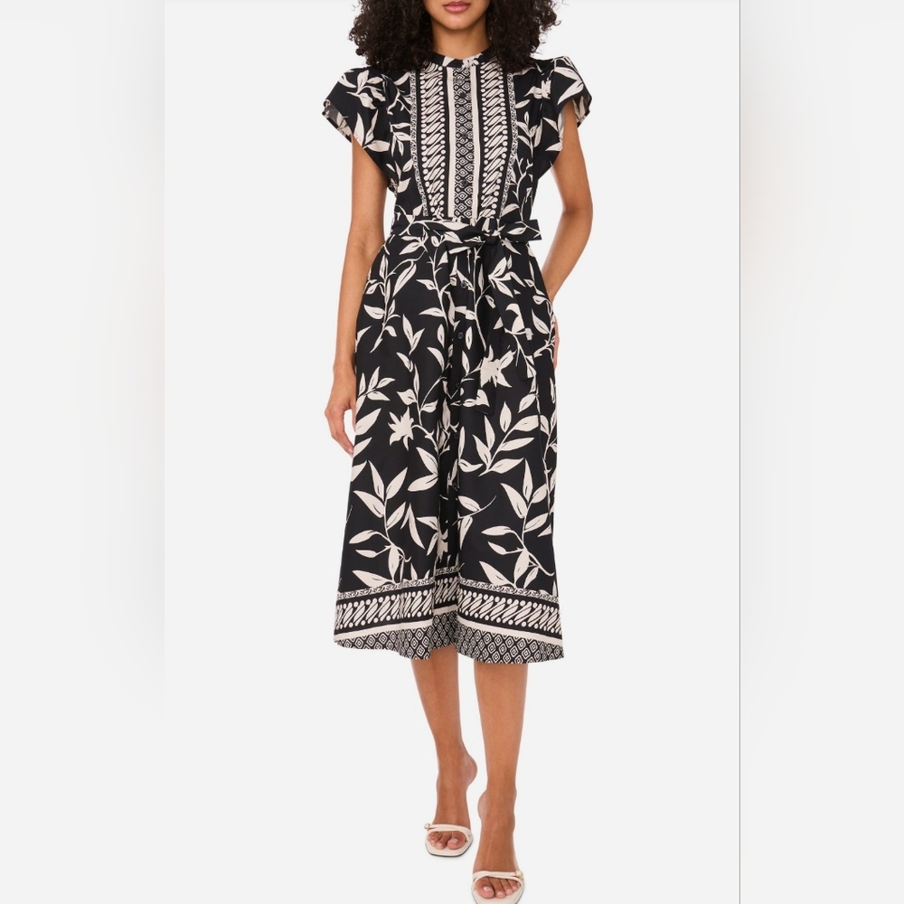 Halogen Black and Cream Printed Midi Dress with Tie Waist